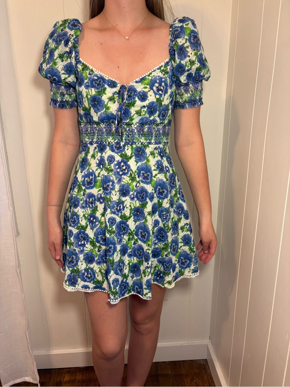 Alice + Olivia Blue and Green Floral Puff-Sleeve Mini Dress
